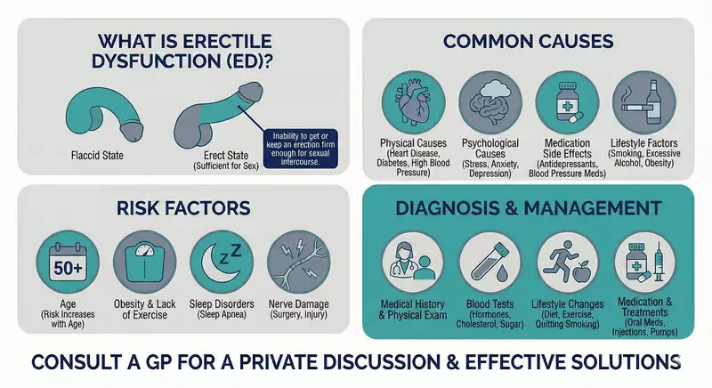 Erectile dysfunction (ED) overview: causes, risk factors, and management Patient-focused infographic defining erectile dysfunction (ED) as difficulty achieving or maintaining an erection, summarising common physical, psychological, medication-related and lifestyle contributors, key risk factors such as age and cardiometabolic health, and typical GP assessment and management options.