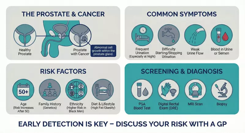 Prostate cancer overview: symptoms, risk factors, and screening Patient-friendly infographic explaining prostate cancer as abnormal cell growth in the prostate gland, outlining urinary and bleeding-related warning signs, key risk factors such as age over 50 and family history, and common screening and diagnostic steps including PSA testing, DRE, MRI, and biopsy.