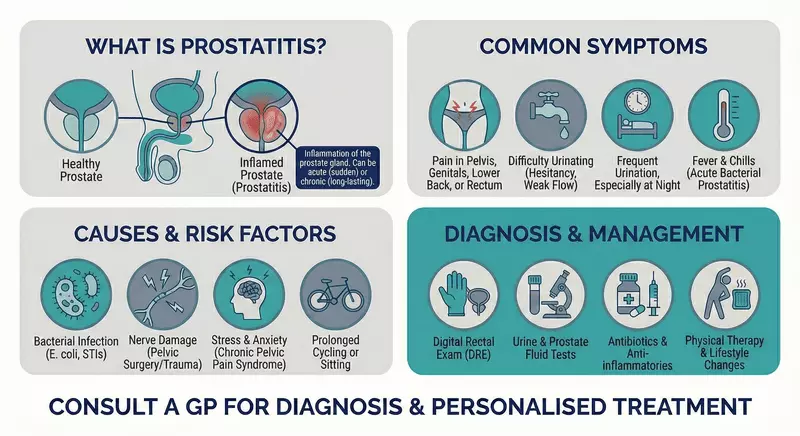 Educational infographic explaining prostatitis, showing the difference between a healthy and inflamed prostate, alongside common urinary and pelvic symptoms, risk factors, and typical diagnosis and management steps.