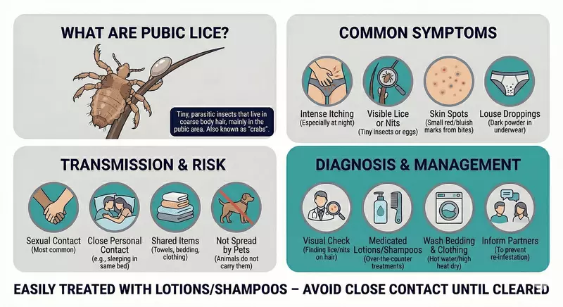 Educational infographic explaining pubic lice (“crabs”) as a parasitic infestation of coarse body hair, highlighting itching and visible nits, typical transmission through close contact, and standard diagnosis and management steps such as visual inspection, medicated treatments, and laundering clothing and bedding.