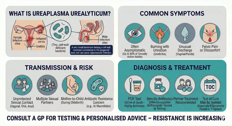Ureaplasma urealyticum overview: symptoms, testing, and treatment Educational infographic explaining Ureaplasma urealyticum as a small cell-wall–deficient bacterium that may be asymptomatic but can cause urethritis symptoms, outlining sexual transmission risk patterns, and summarising PCR-based testing with targeted antibiotics, partner treatment, and test-of-cure where appropriate.