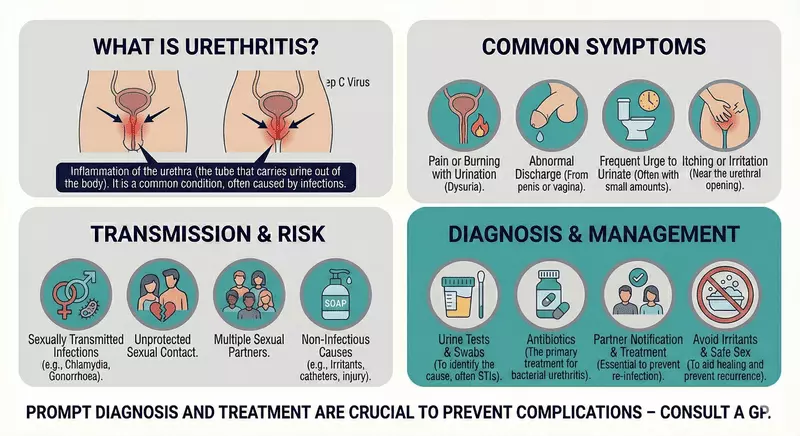 Urethritis overview: symptoms, transmission risk, testing, and treatment Health infographic explaining urethritis as inflammation of the urethra, highlighting dysuria and discharge, common infectious and non-infectious triggers, sexual transmission risk considerations, and typical diagnosis and management steps such as urine testing and appropriate antibiotics.